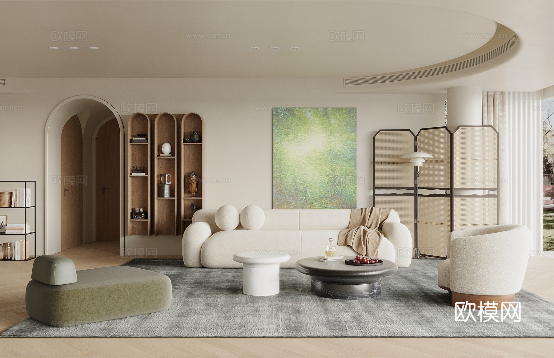 中古侘寂风客厅 沙发茶几组合 装饰柜 屏风隔断 置物架 书架3d模型下载