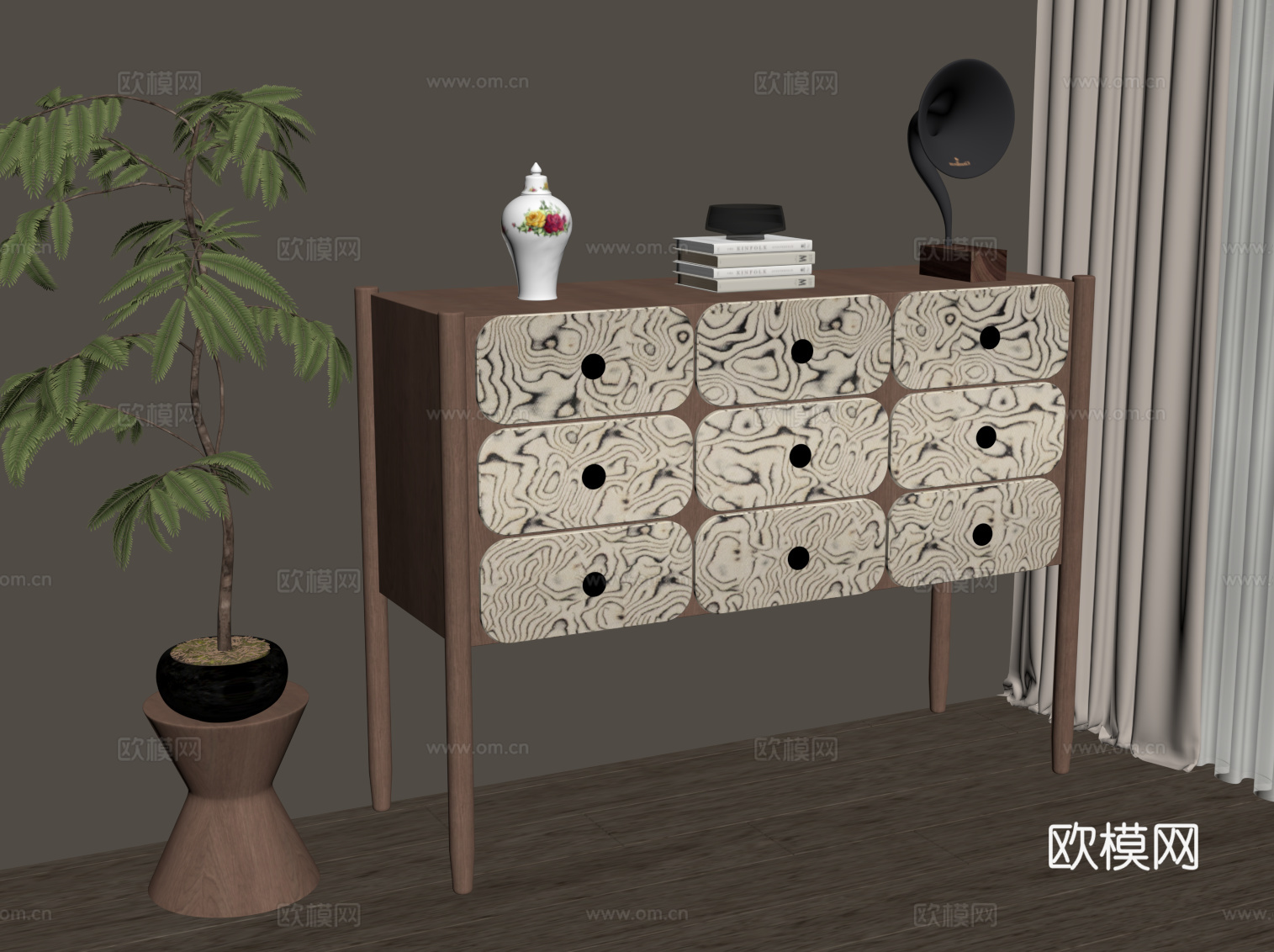 中古风玄关柜 斗柜 边柜su模型
