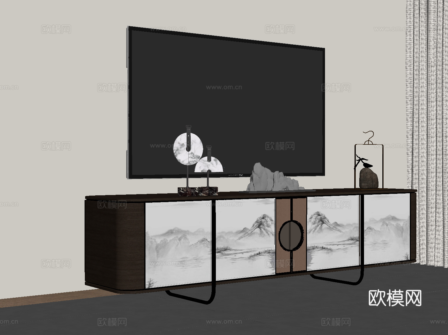 新中式电视柜 矮柜su模型下载（渲染图2）