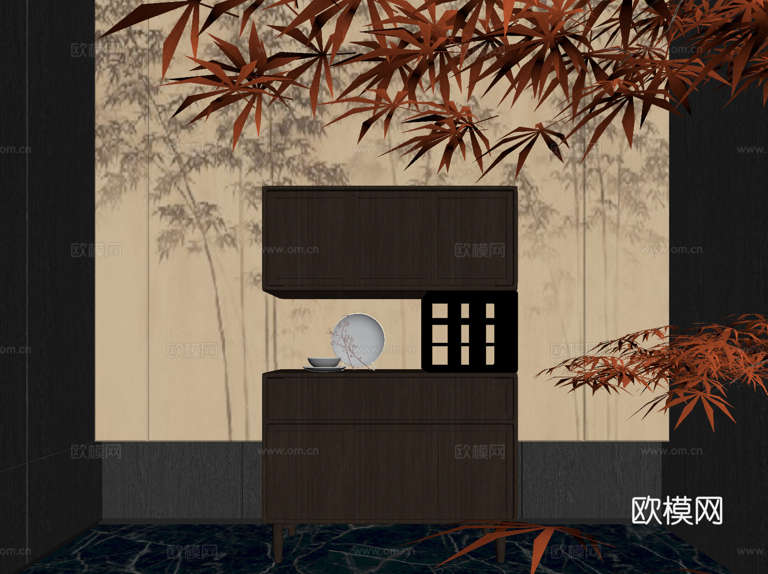 新中式餐边柜 储物柜su模型下载（渲染图2）