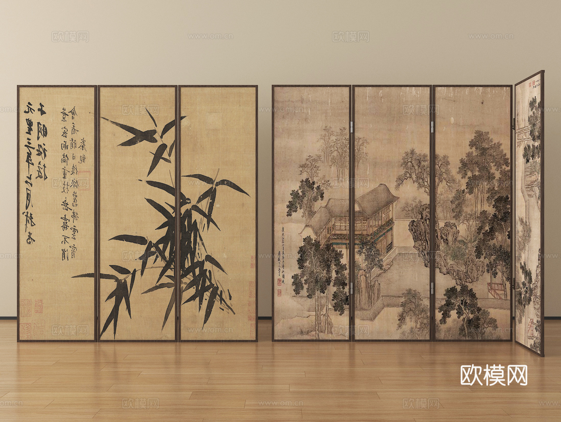 新中式屏风隔断 折叠屏风su模型