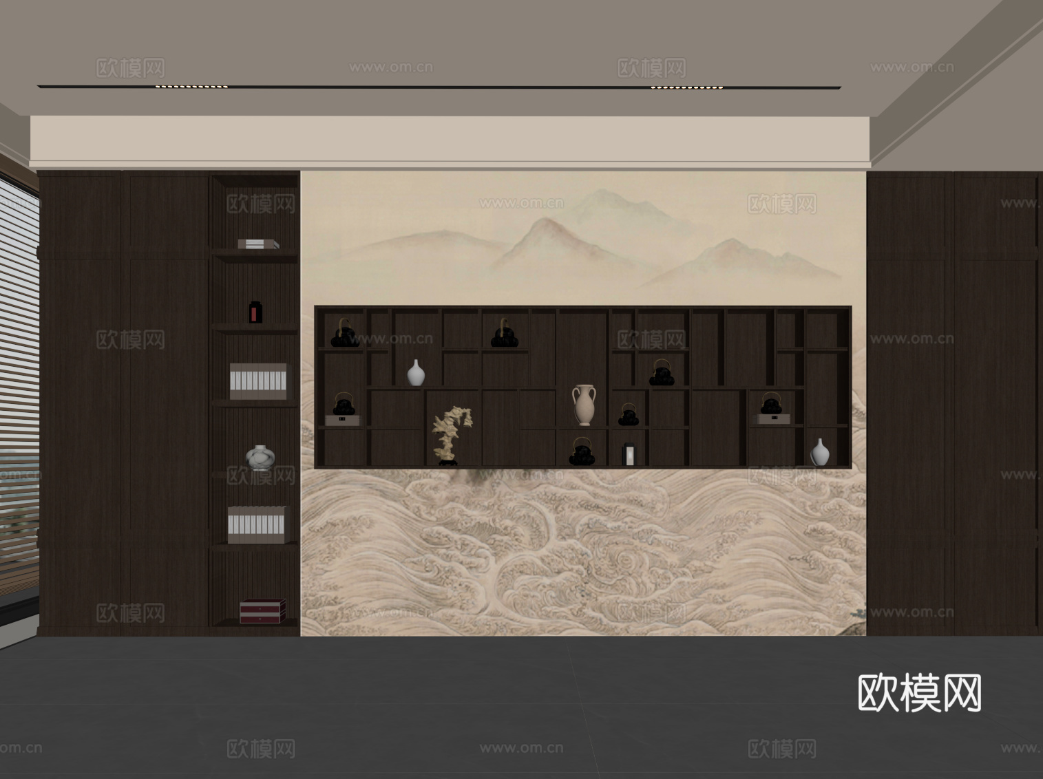 新中式背景墙 置物架su模型