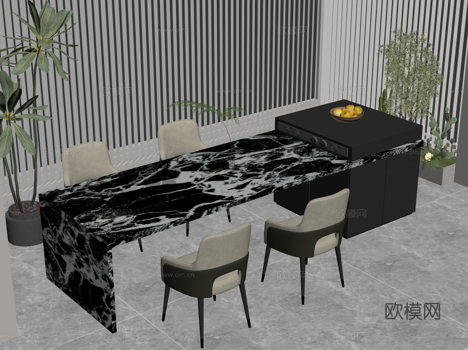 现代意式岛台 餐桌椅su模型