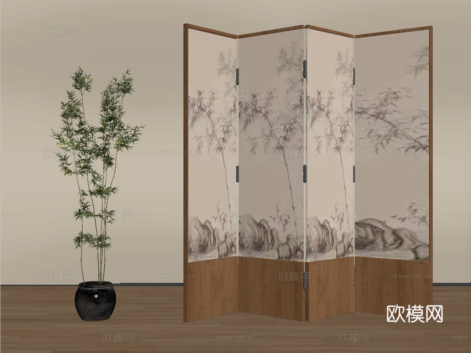 新中式屏风隔断 木制屏风隔断 木隔断 折叠隔断su模型