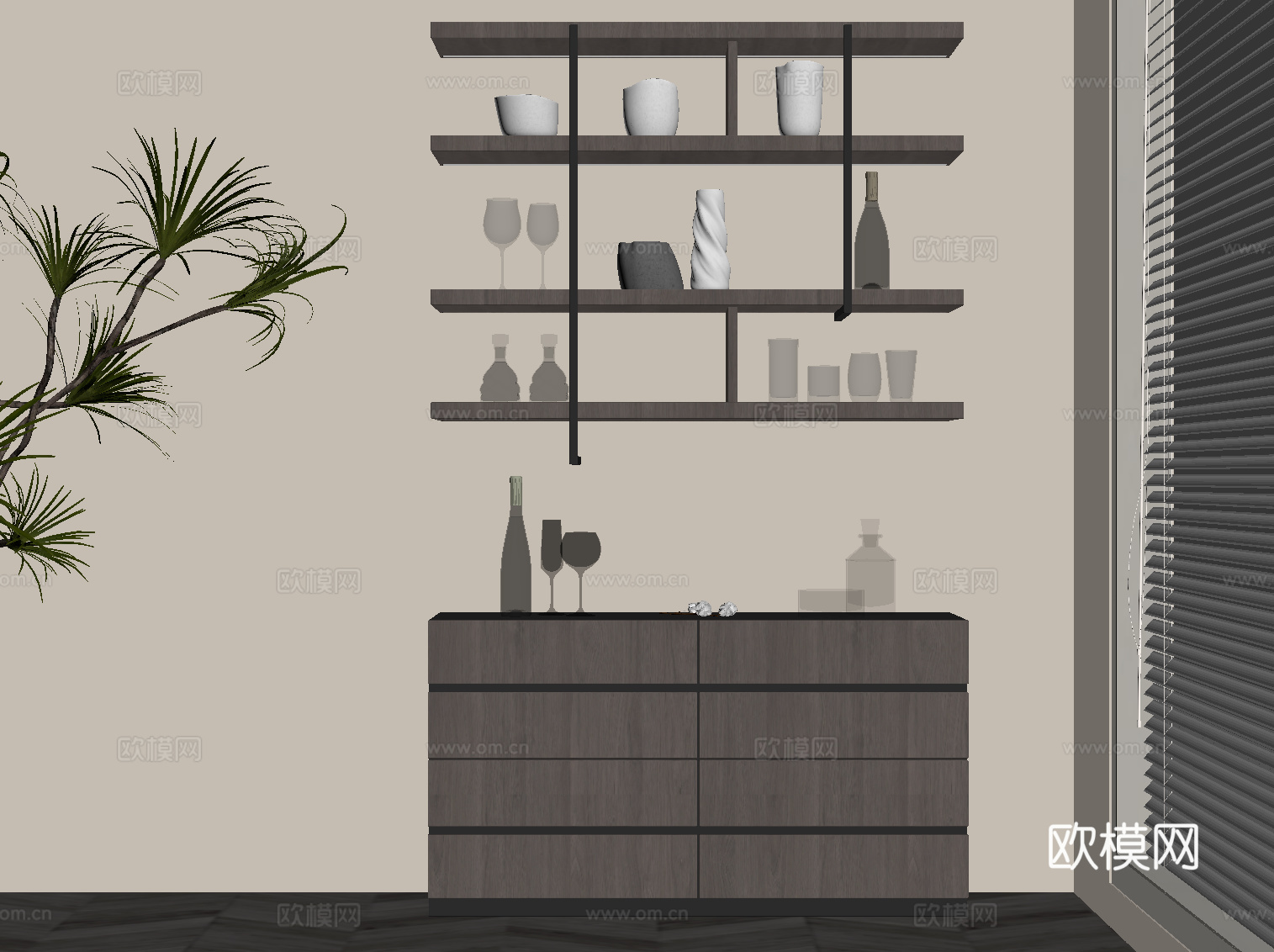 现代意式酒柜 酒架 餐边柜su模型su模型