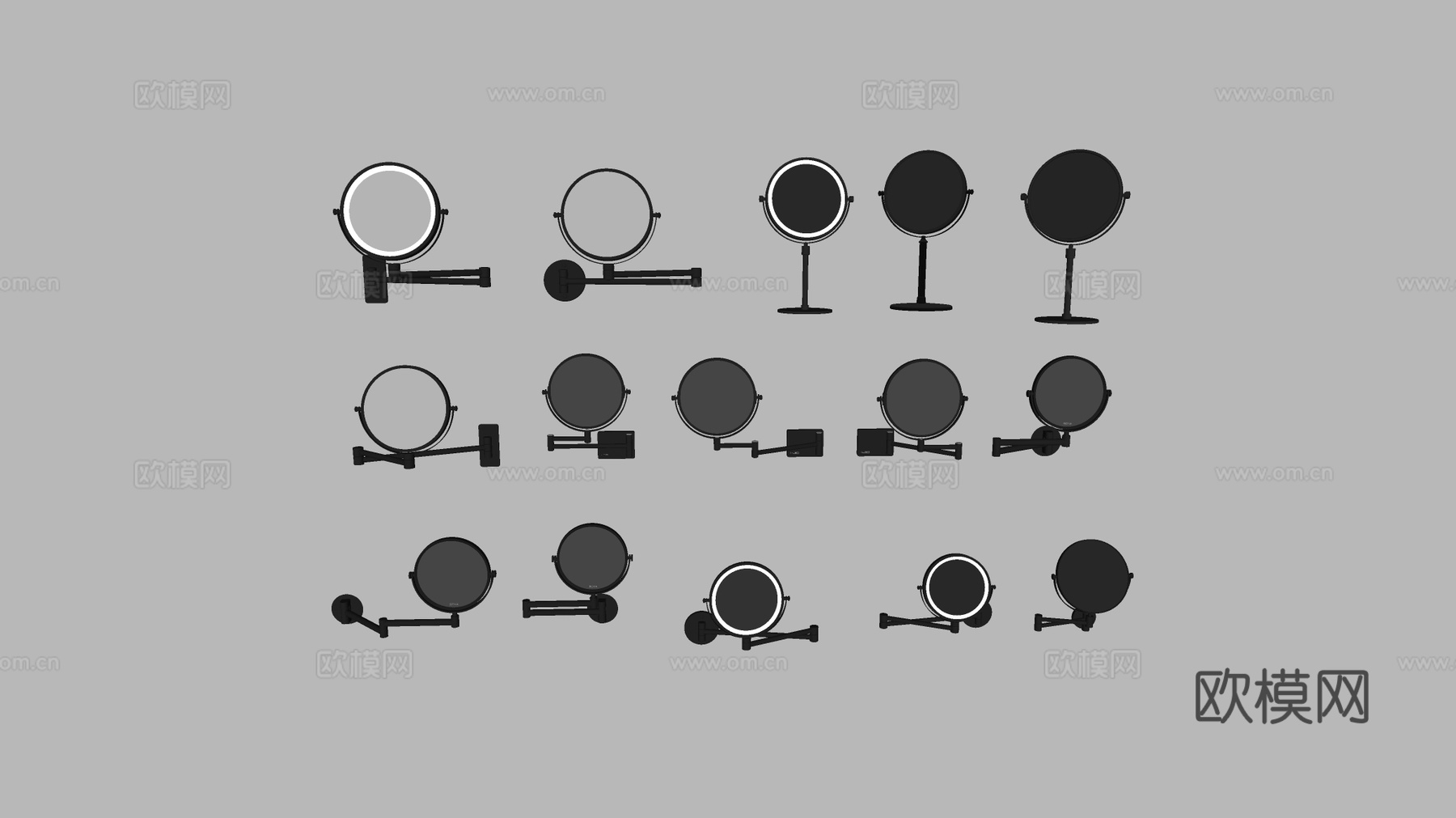 现代简约带灯化妆镜 多款圆形镜 可调节支架 LED灯梳妆台镜su模型