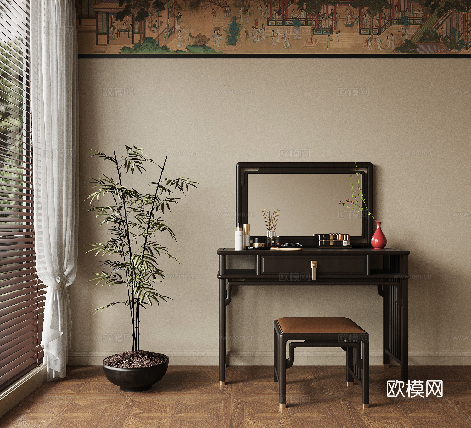 新中式梳妆台 化妆品su模型