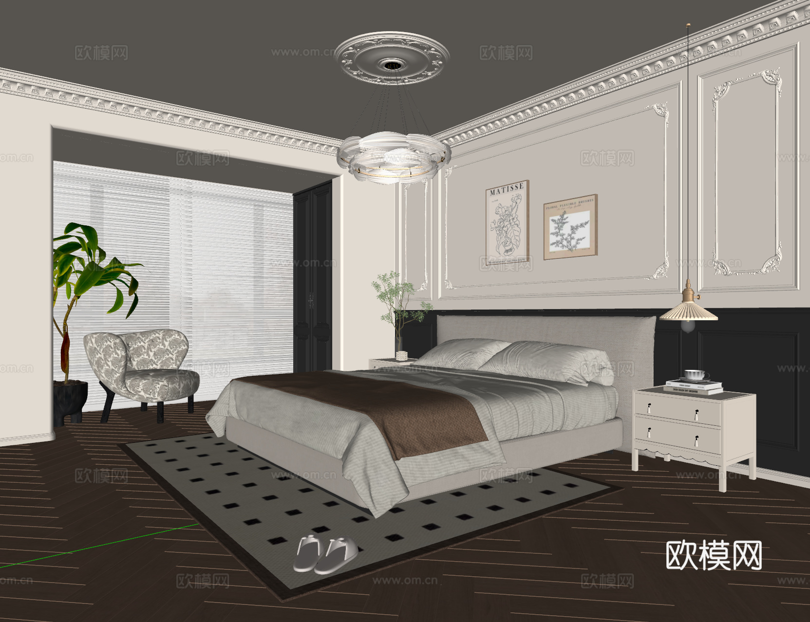 法式卧室 布艺双人床 床头柜 吊灯 挂画 休闲椅 地毯su模型