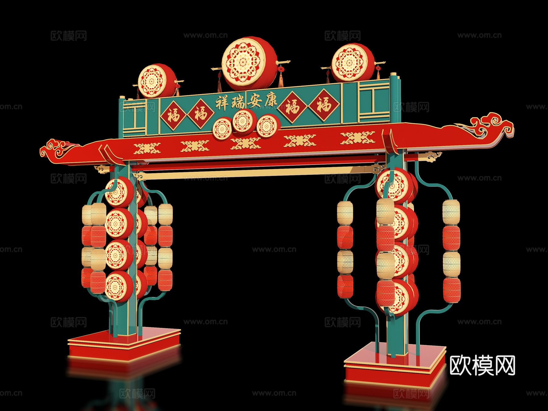 新中式古建牌坊 国潮国风街区夜市出入口 美陈牌楼 景区门楼su模型