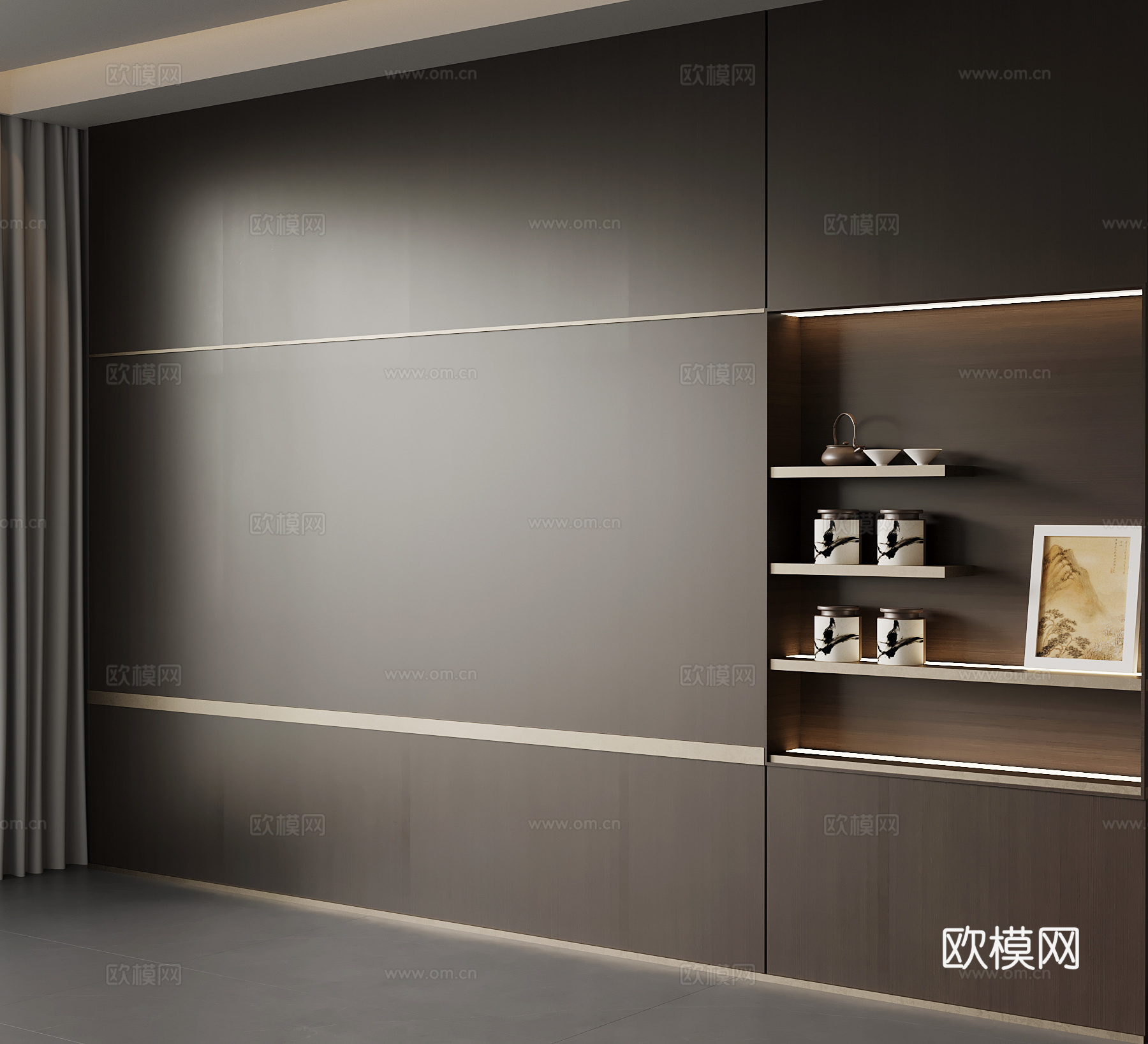 新中式置物架 背景墙su模型