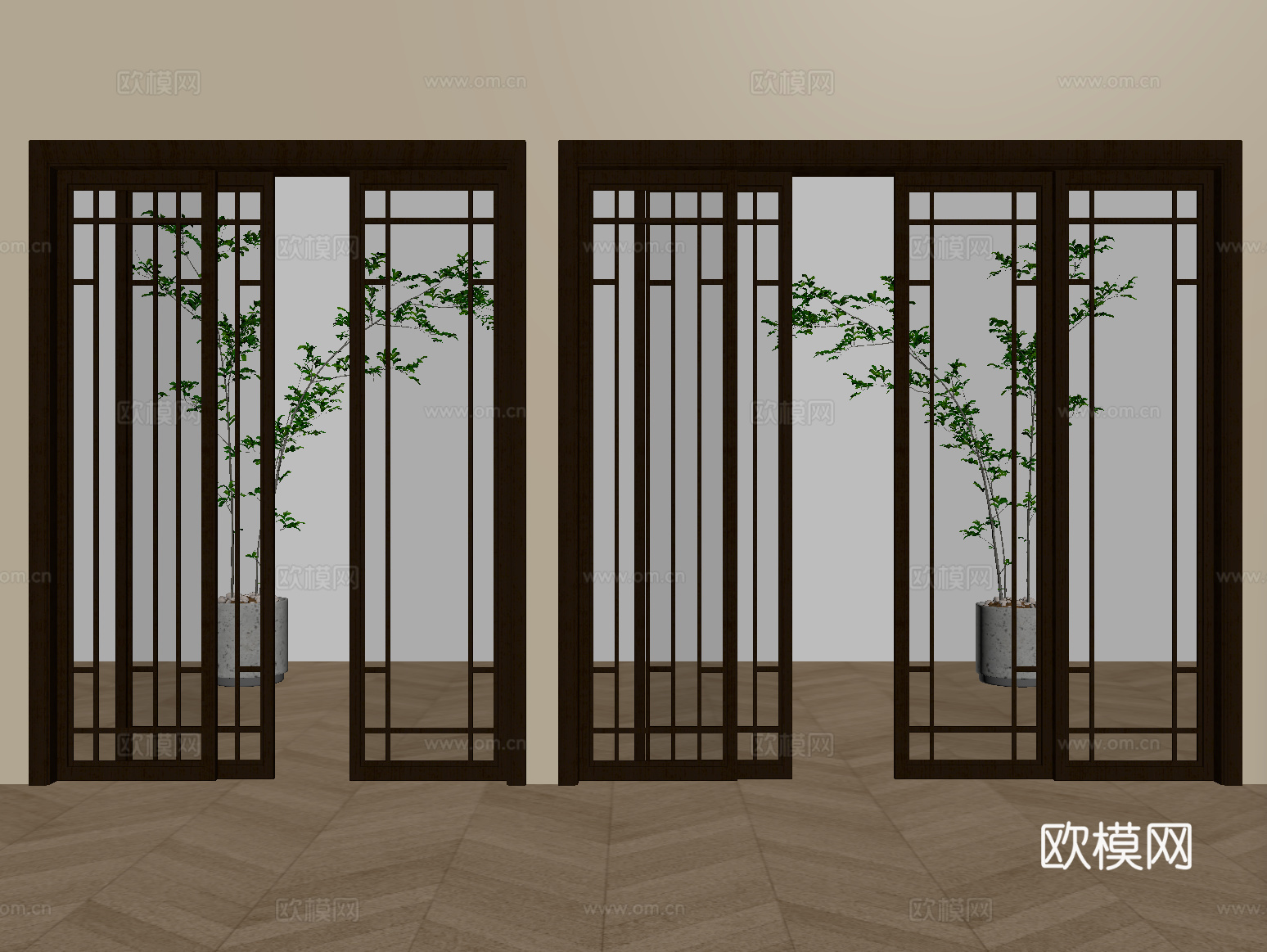 新中式推拉门 阳台门 玻璃推拉门 厨房门su模型