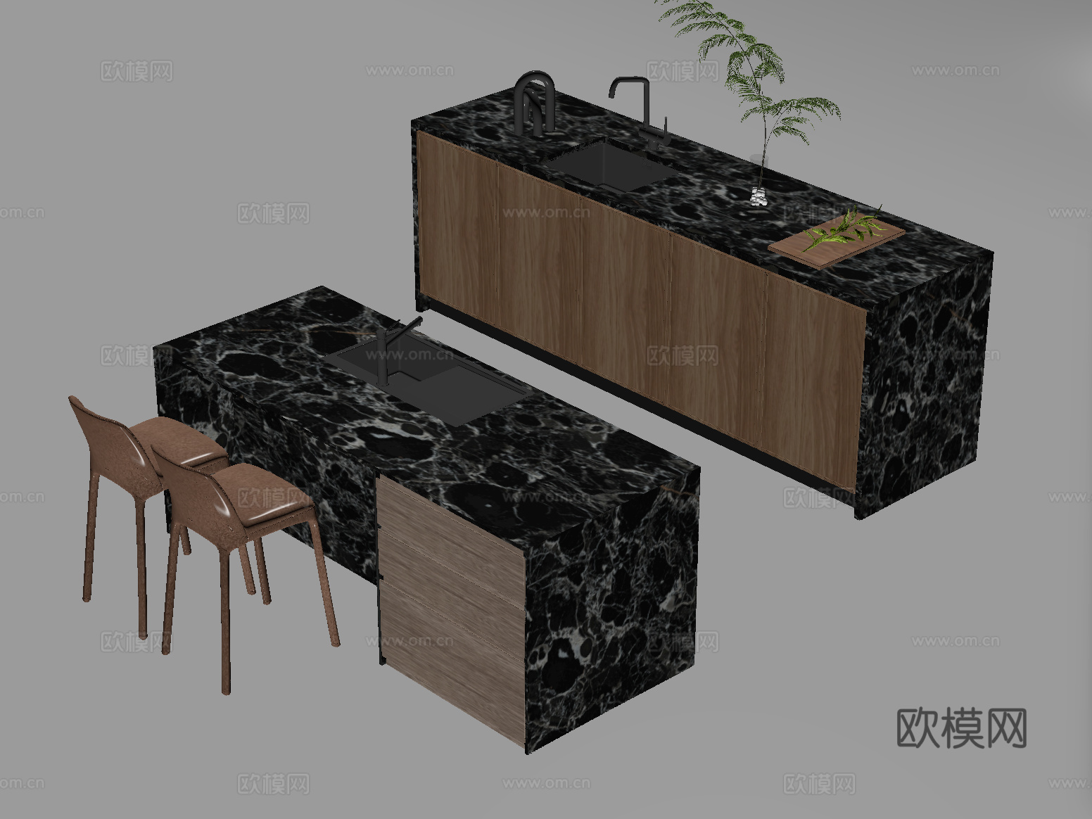 现代中岛台 吧台 操作台 餐桌椅su模型