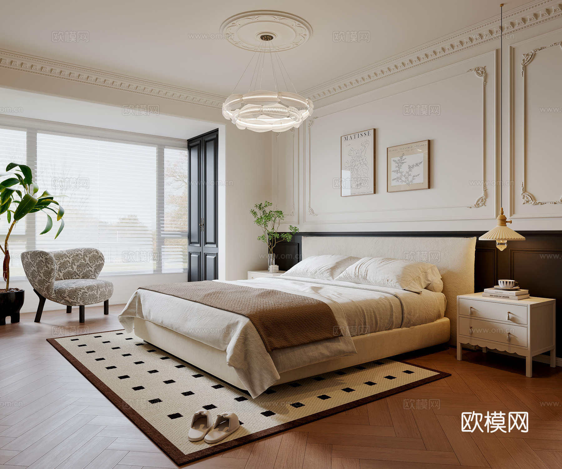 法式卧室 布艺双人床 床头柜 吊灯 挂画 休闲椅 地毯su模型