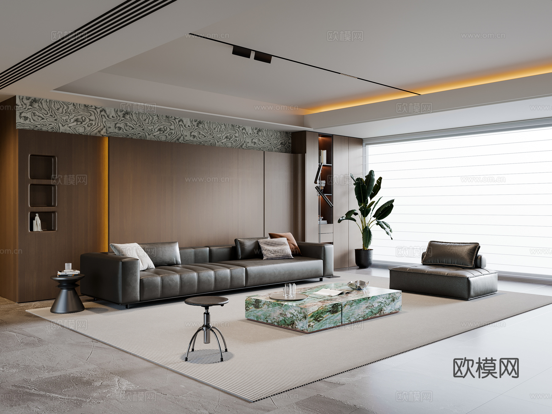 现代意式客厅 沙发茶几 多人沙发 休闲椅 落地灯 地毯su模型