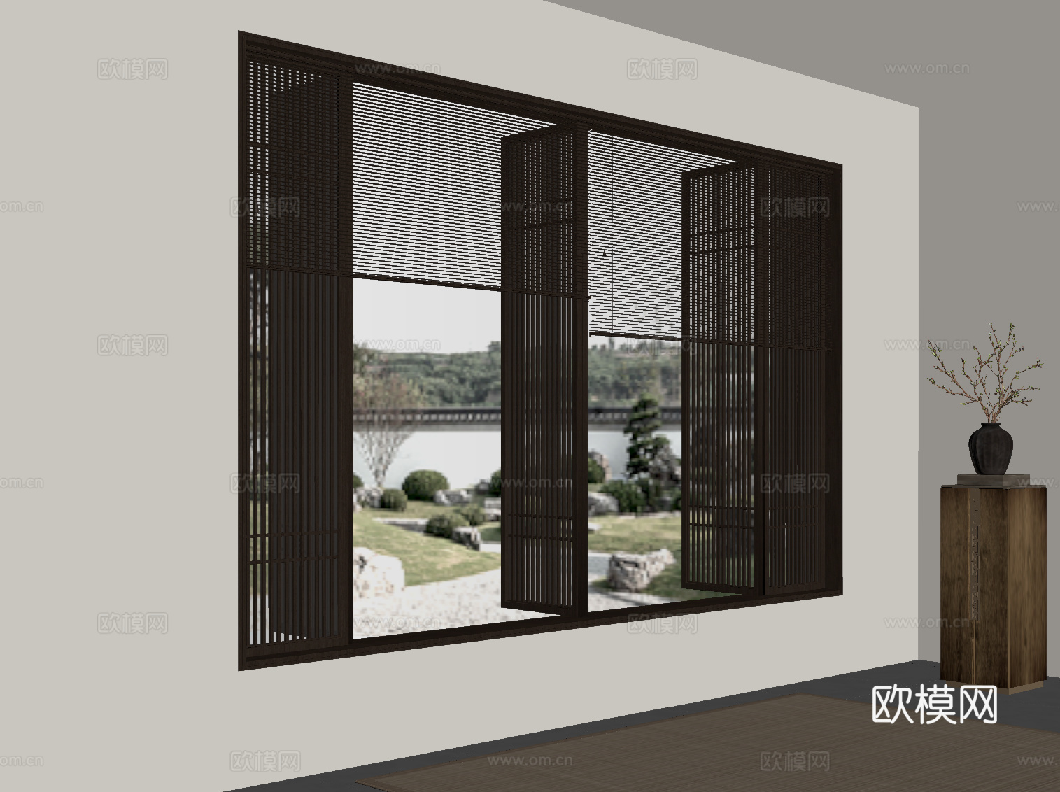新中式窗户 窗帘su模型