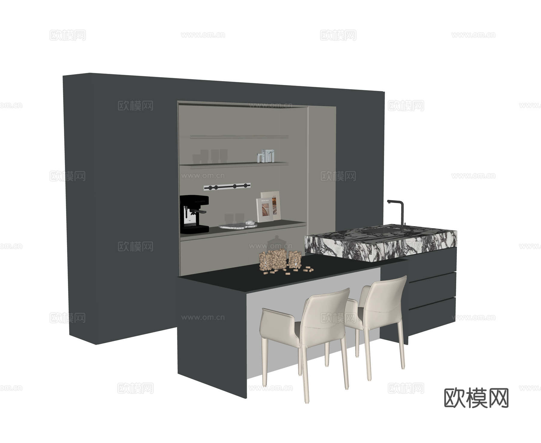 现代岛台餐桌su模型