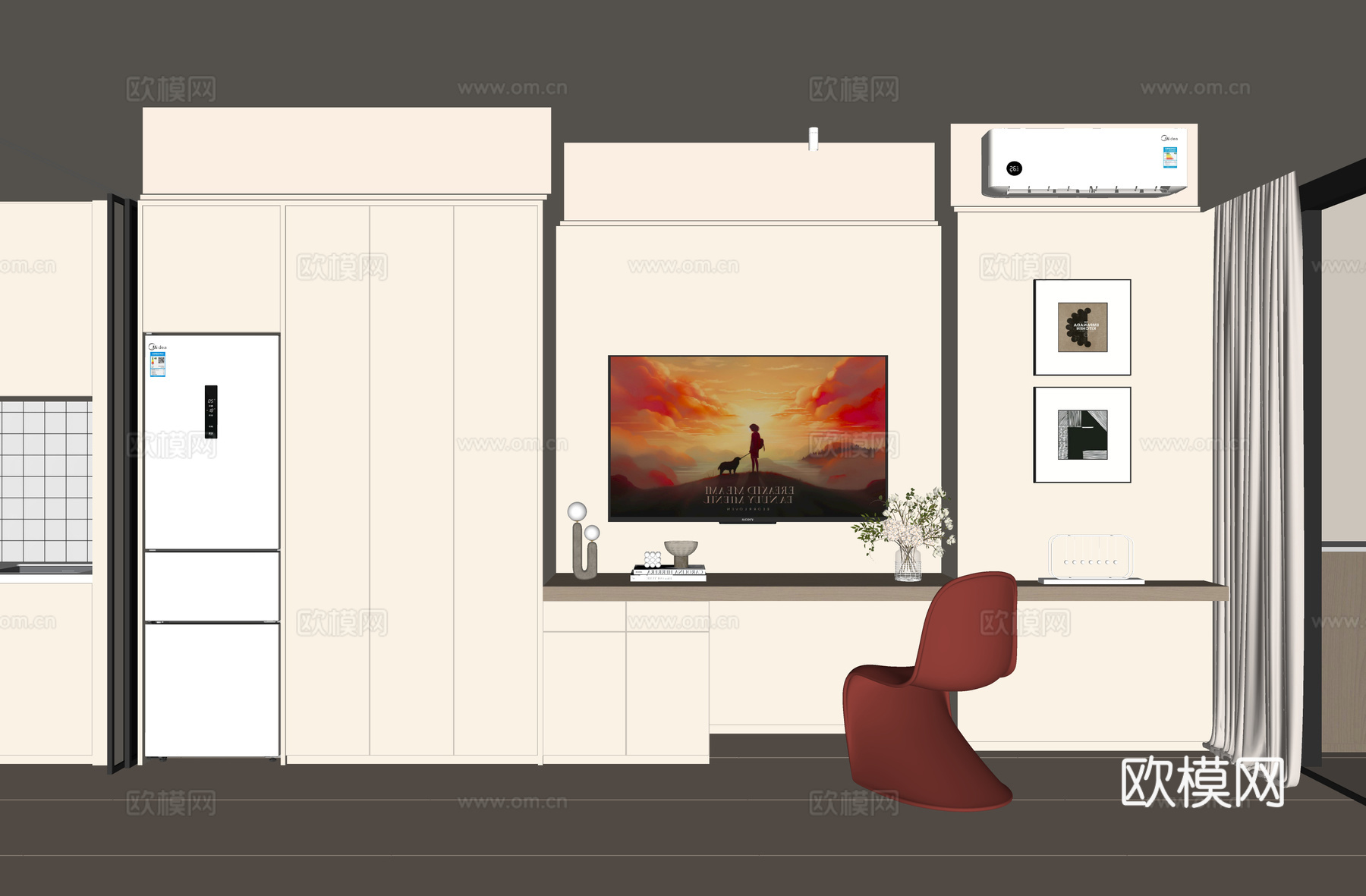奶油风电视书桌一体柜su模型