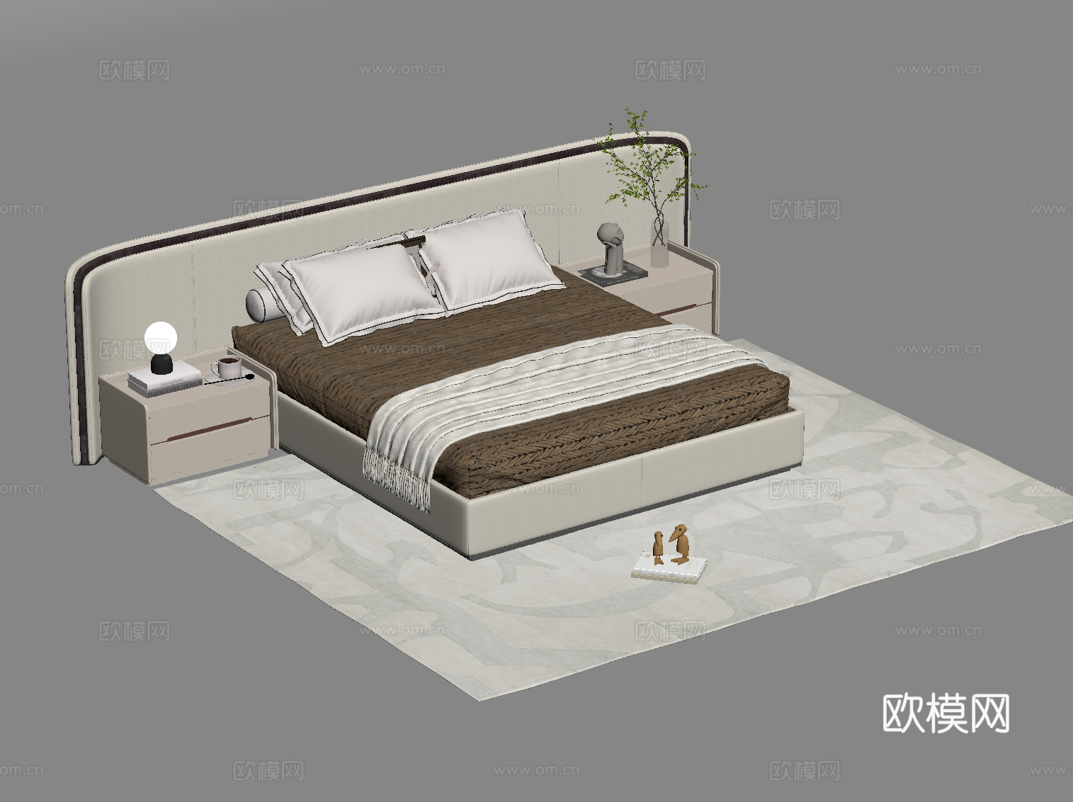 现代双人床 床头柜su模型