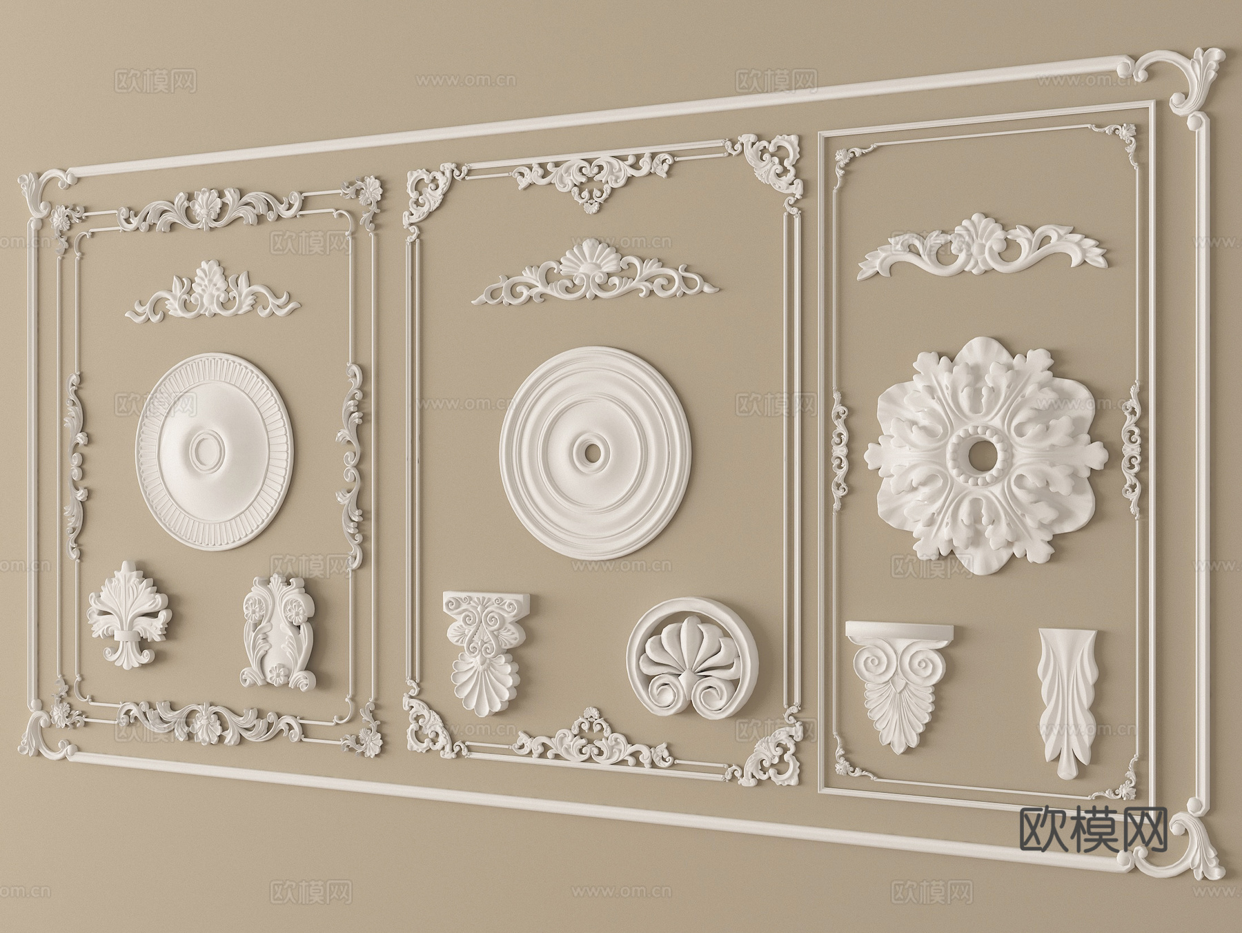 法式复古雕花 石膏雕花 灯盘 石膏构件su模型