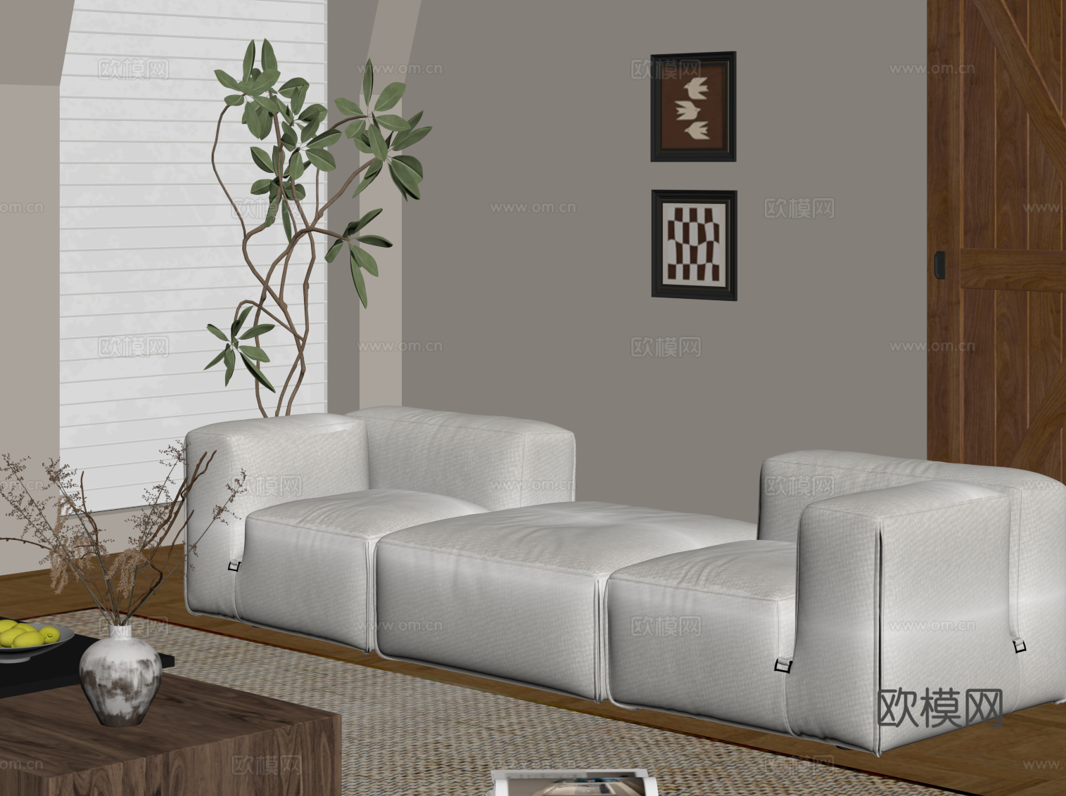 现代中古风多人沙发 布艺休闲沙发su模型
