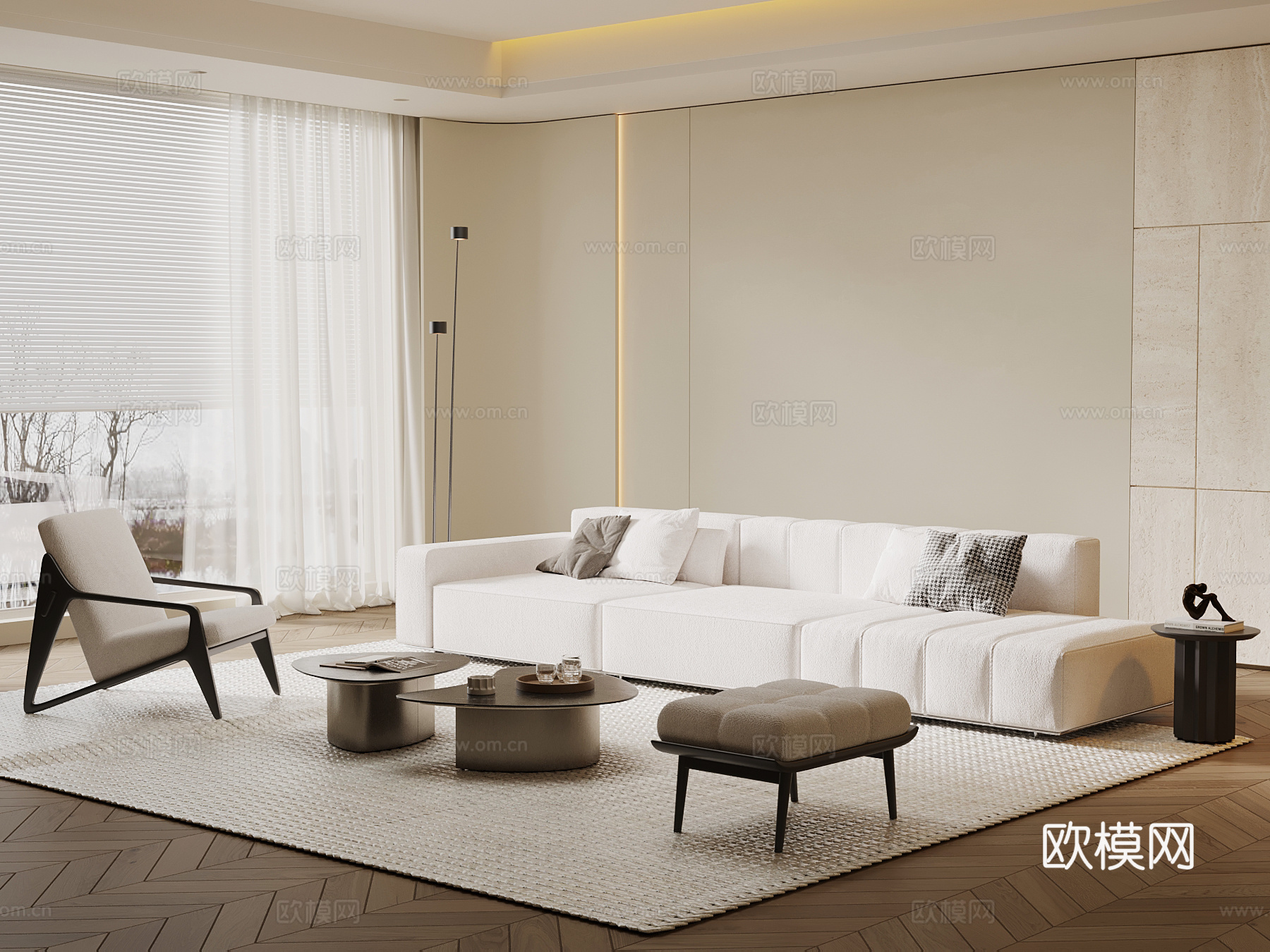 现代客厅 沙发茶几组合 背景墙su模型