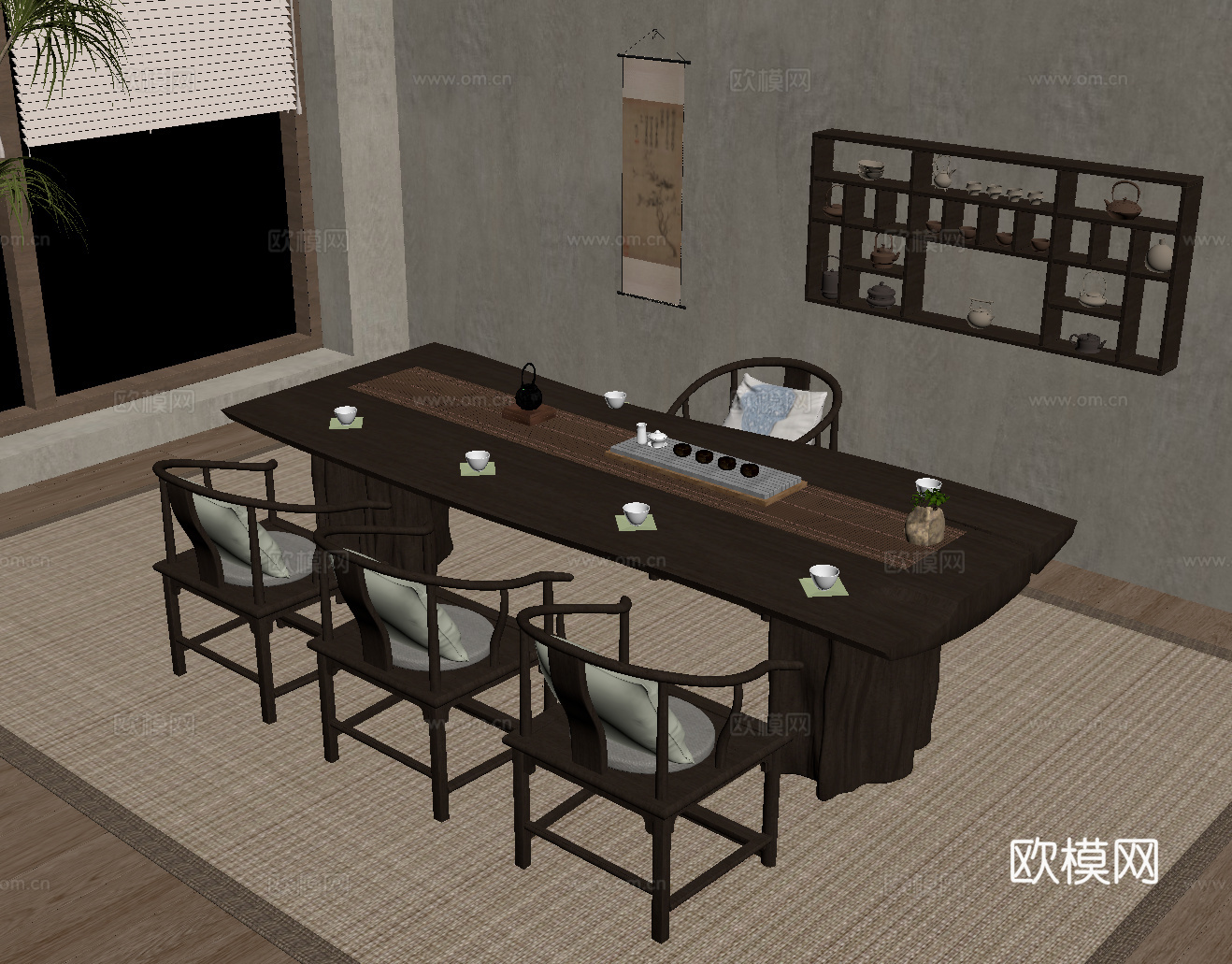 新中式茶桌椅 实木茶桌su模型