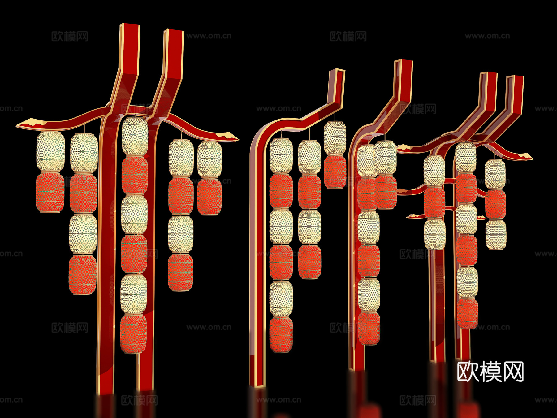 新中式户外灯笼装置 美陈打卡 古风灯笼灯架组合  景区灯笼装su模型