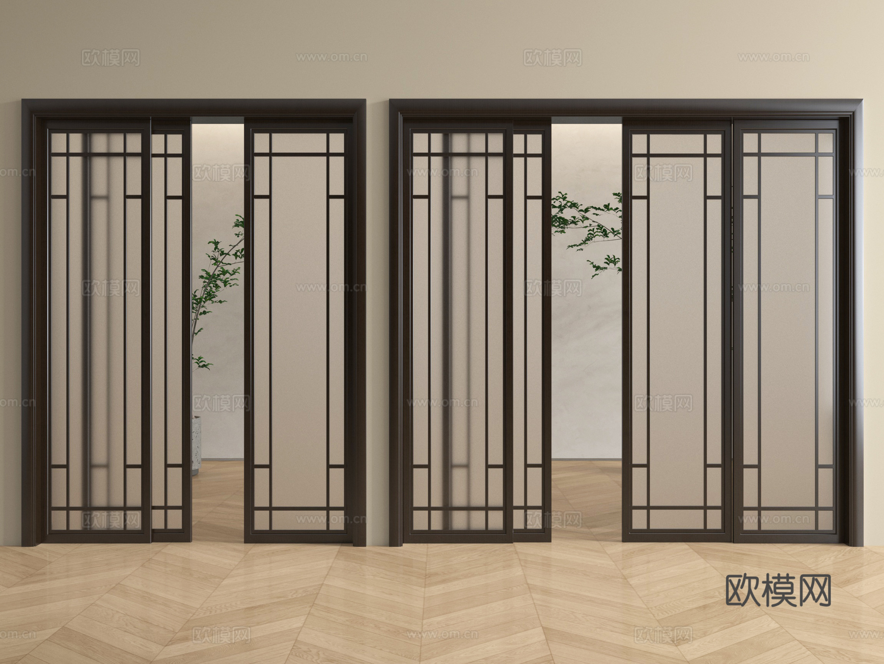 新中式推拉门 阳台门 玻璃推拉门 厨房门su模型