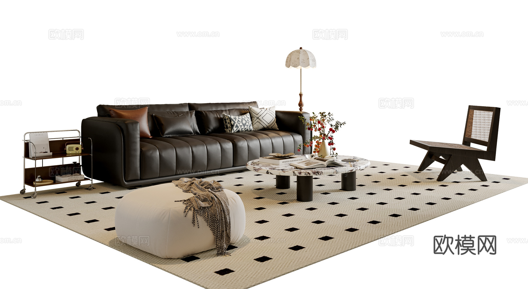 法式沙发茶几组合 多人沙发 休闲椅 落地灯 地毯su模型