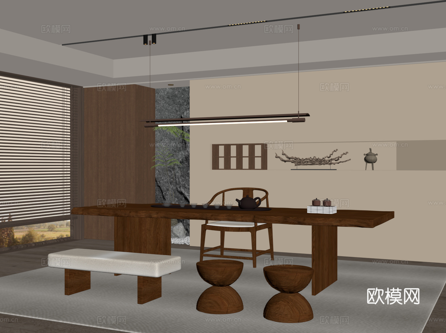 新中式茶室su模型下载（渲染图2）