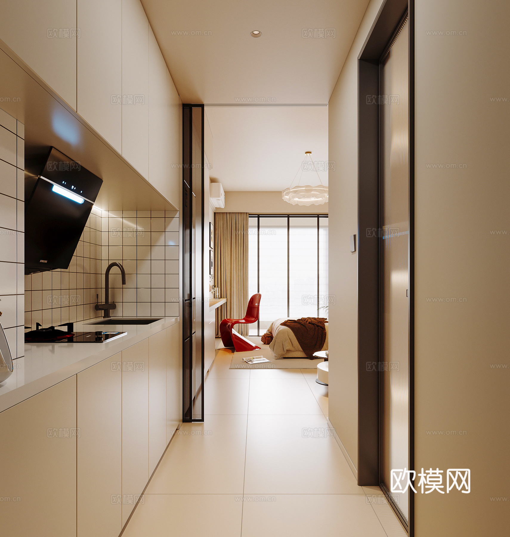 奶油风厨房su模型下载（渲染图1）