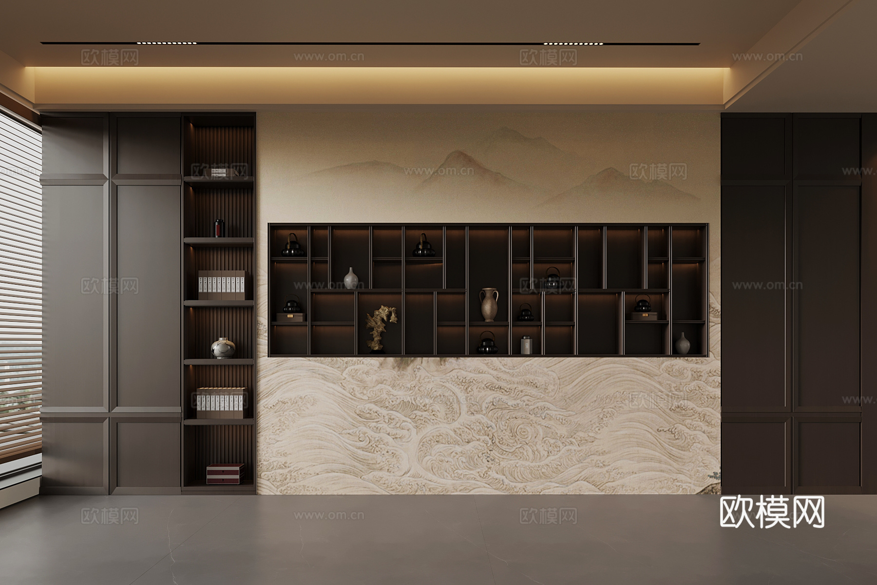 新中式背景墙 置物架su模型