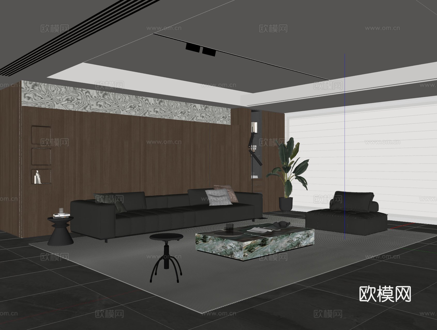 现代意式客厅 沙发茶几 多人沙发 休闲椅 落地灯 地毯su模型