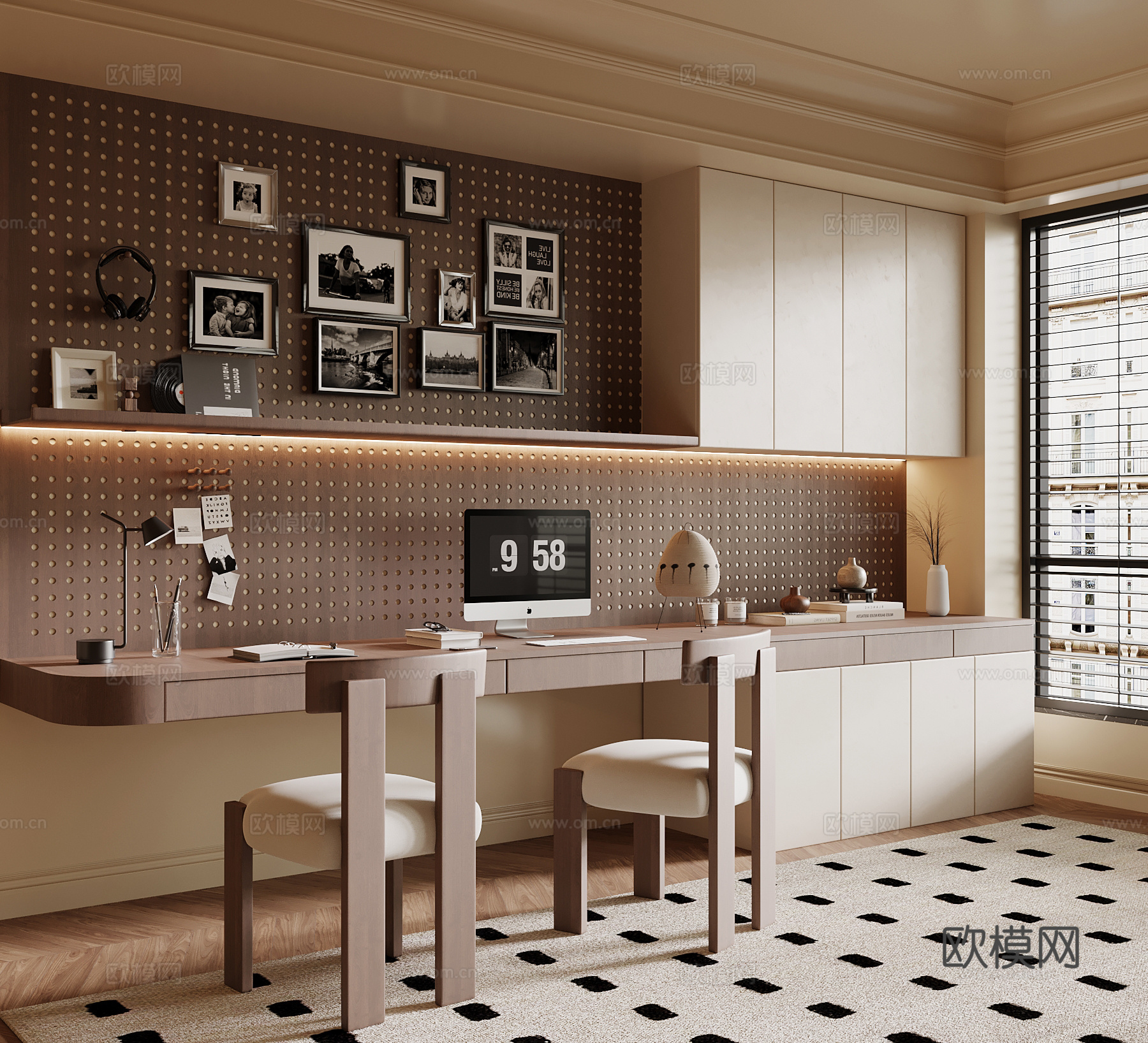 现代中古风书桌椅 洞洞板su模型