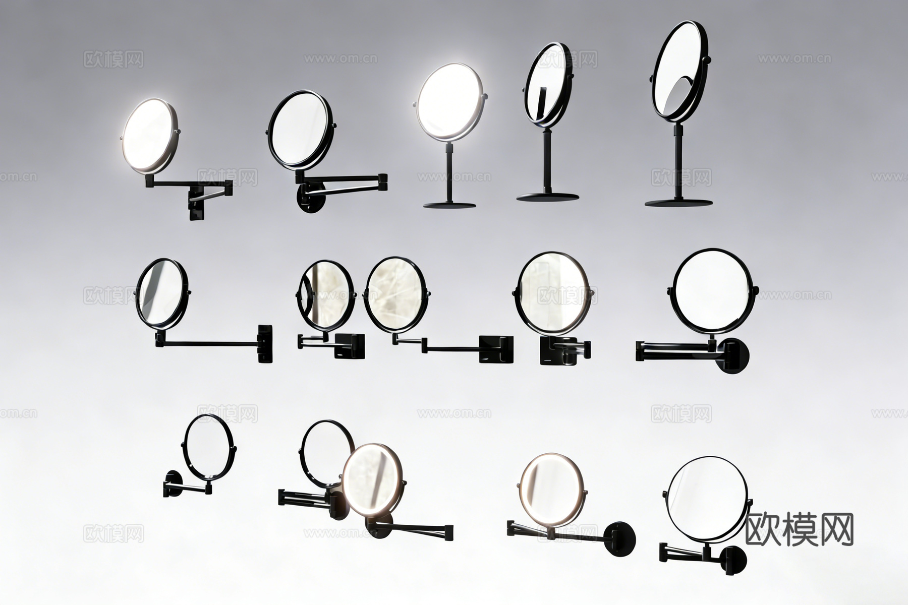 现代简约带灯化妆镜 多款圆形镜 可调节支架 LED灯梳妆台镜su模型