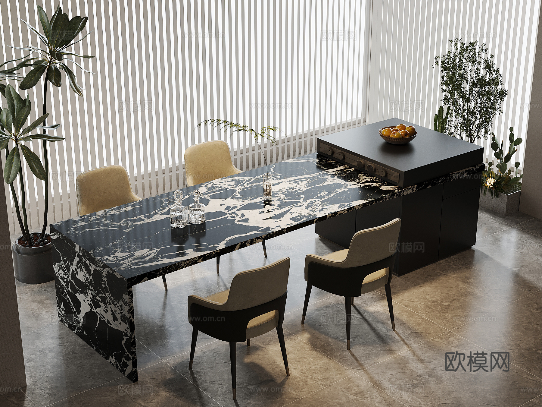 现代意式岛台 餐桌椅su模型
