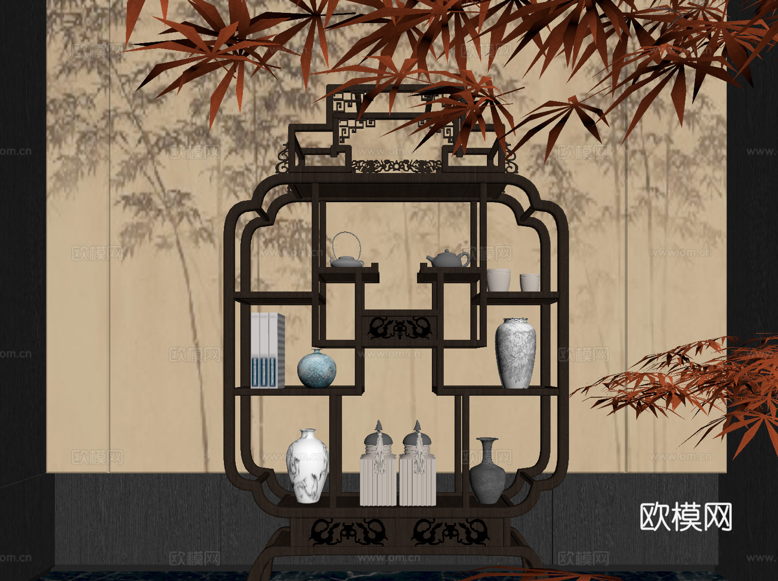 新中式装饰架 博古架 置物架su模型