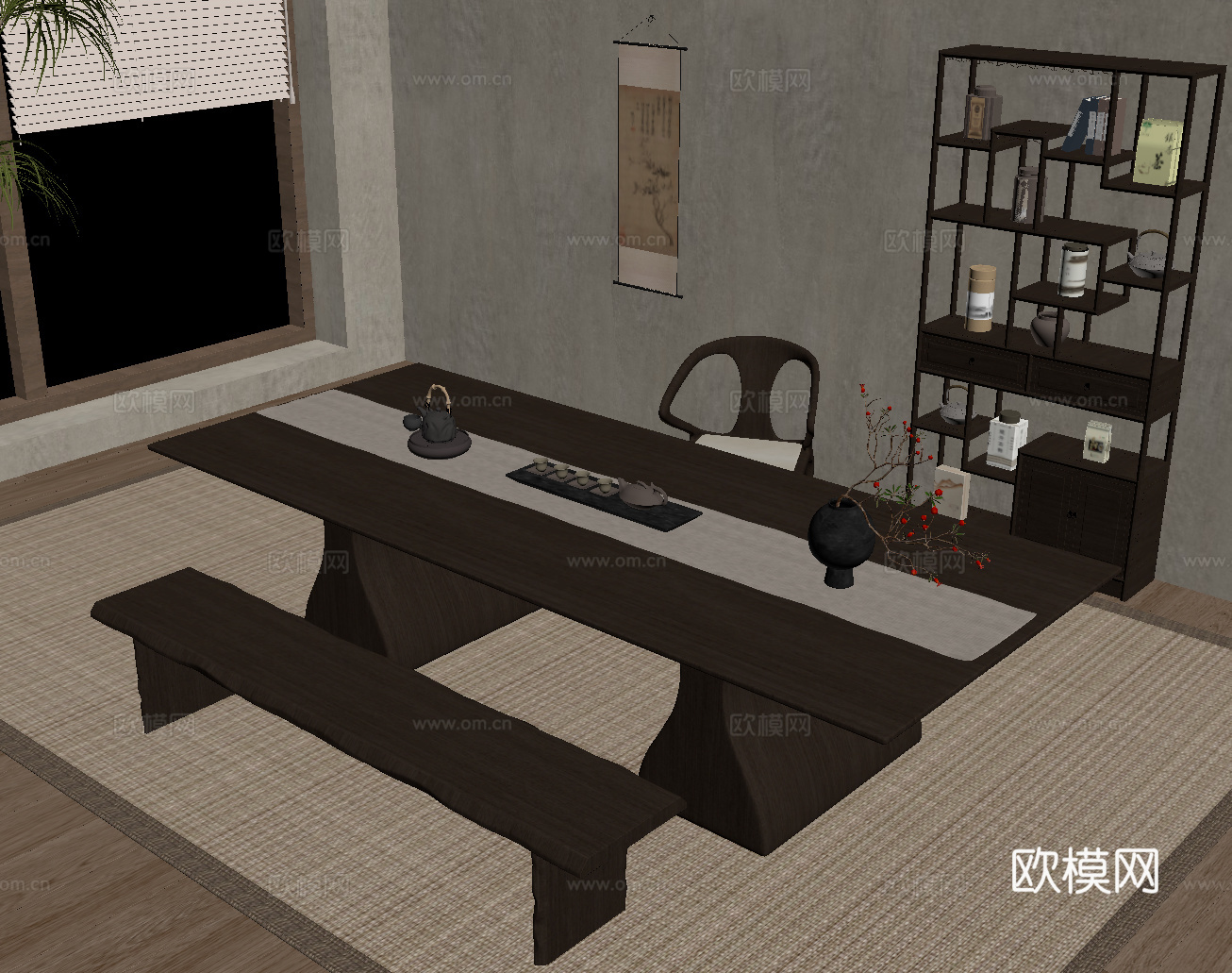 新中式茶桌椅 实木茶桌su模型