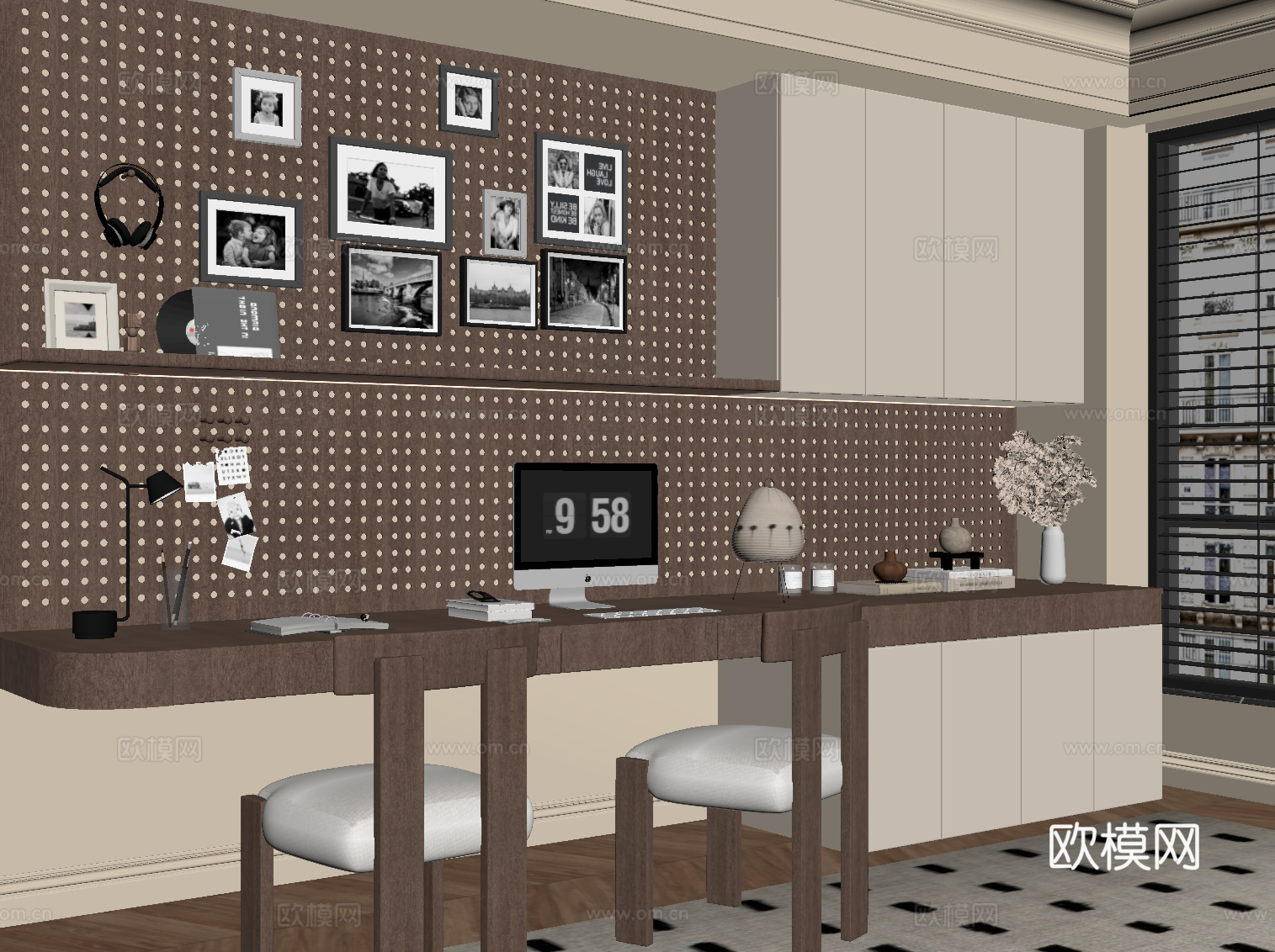 现代中古风书桌椅 洞洞板su模型