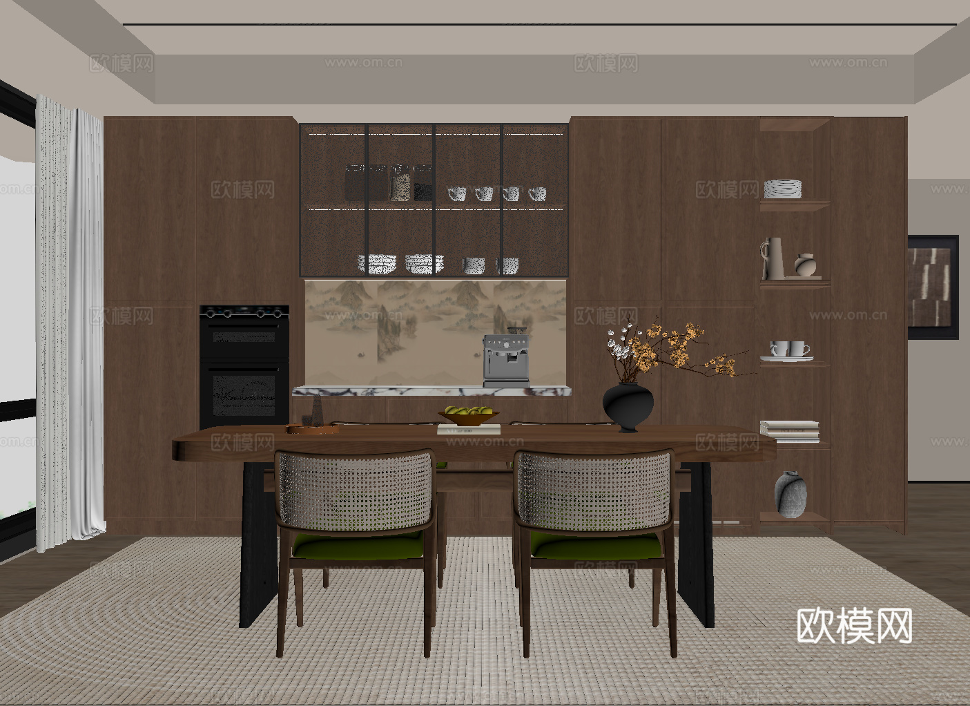 中古风餐厅 餐桌椅su模型