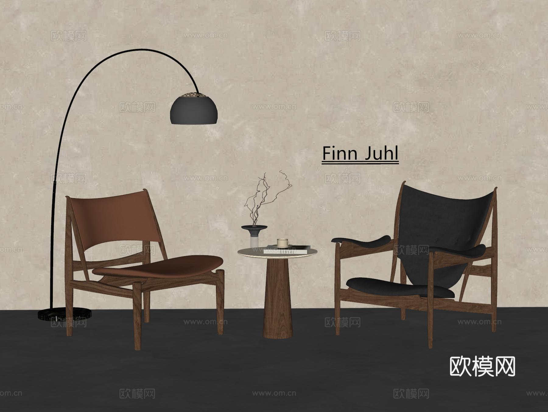 Finn Juhl中古风休闲桌椅组合 酋长椅 皮休闲椅su模型