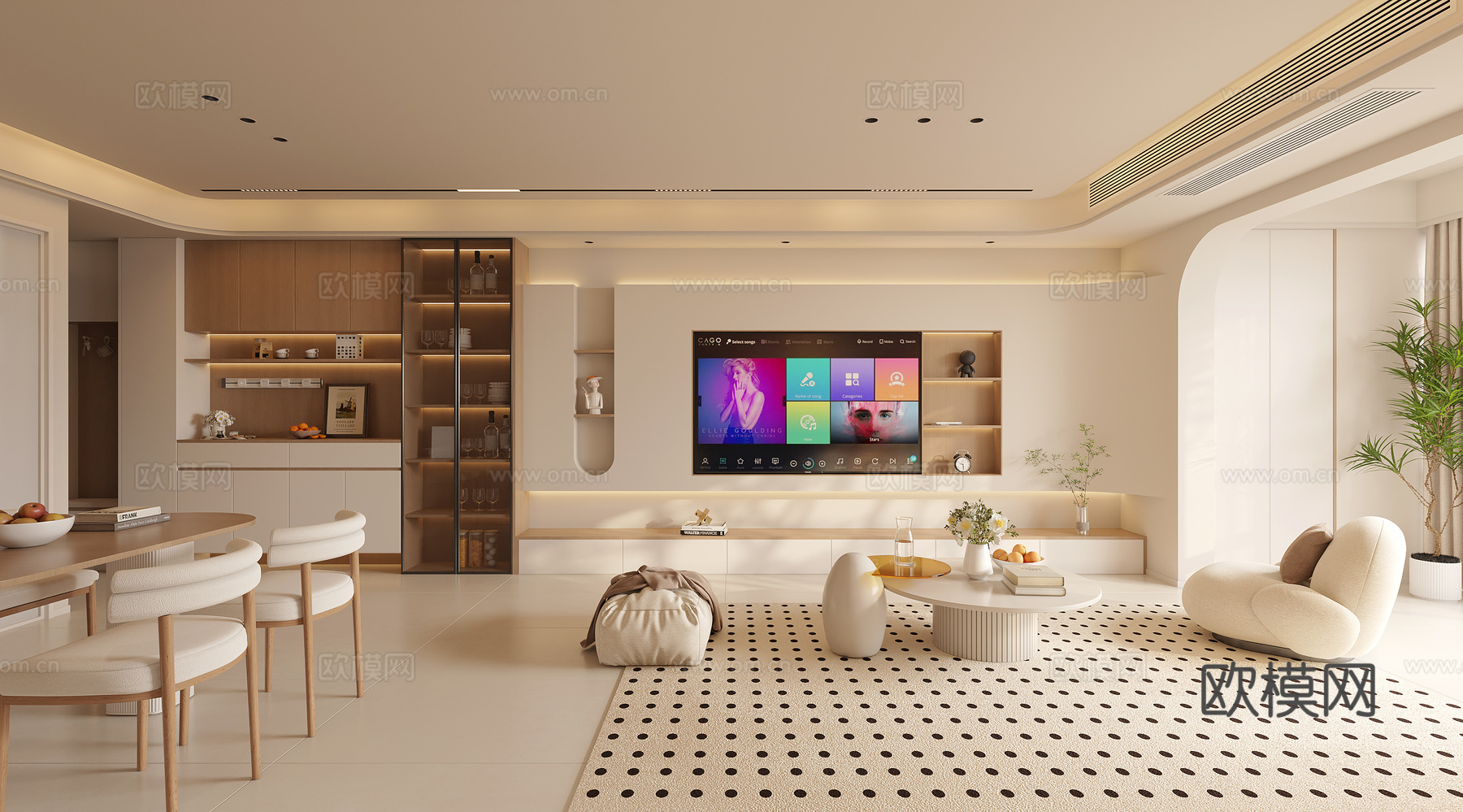 奶油原木客餐厅3d模型下载（渲染图1）