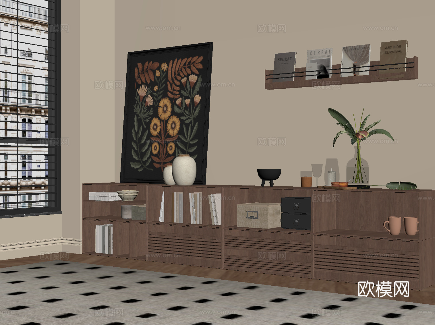 现代中古风书柜 矮柜 置物柜su模型