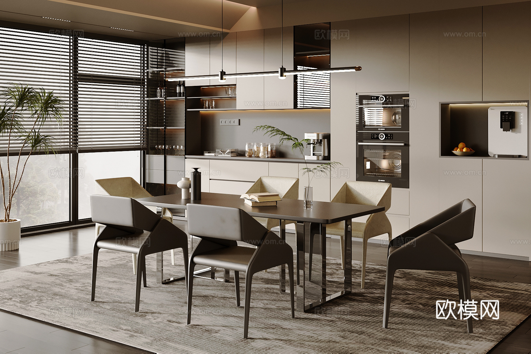 现代餐厅 餐桌椅 酒柜 餐边柜su模型