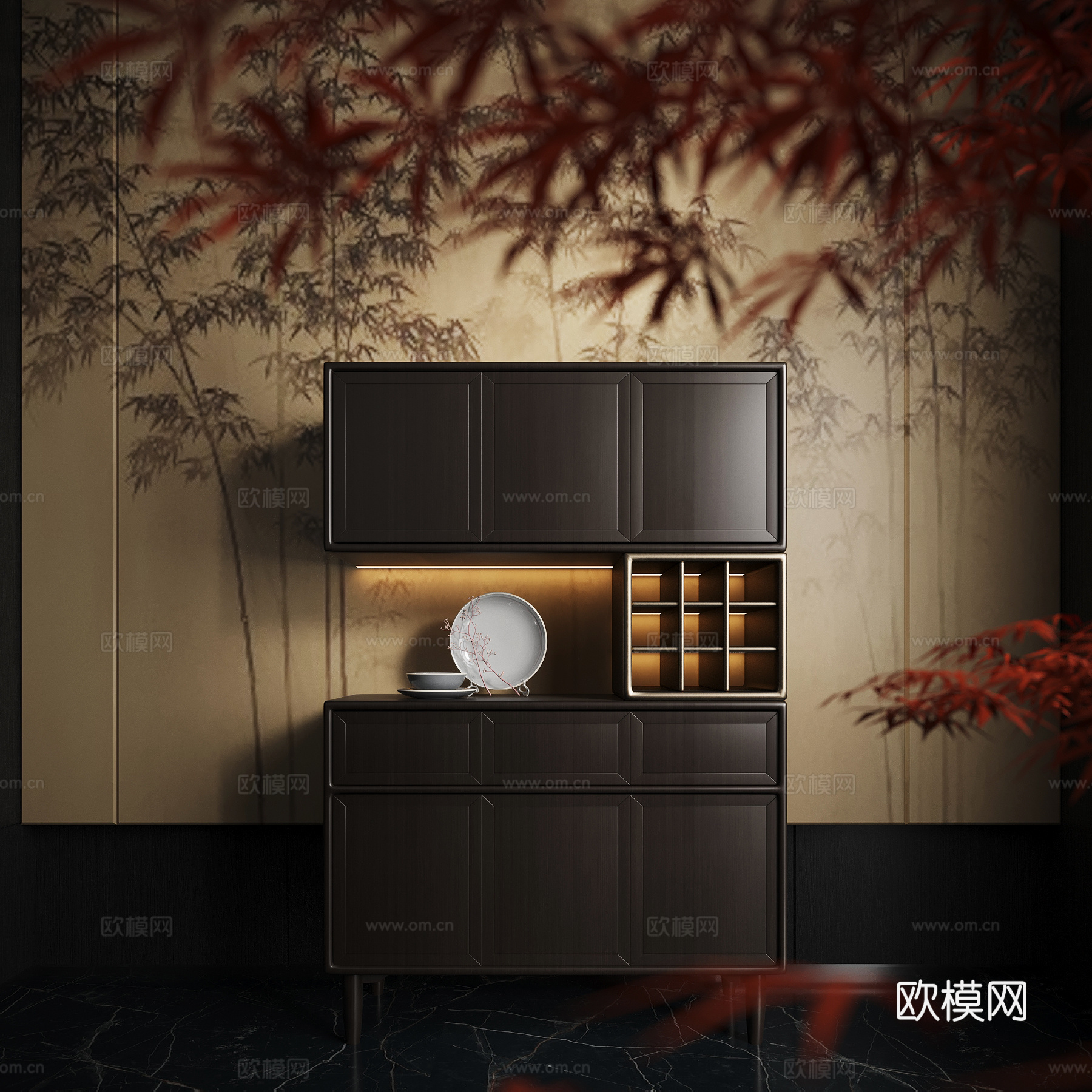 新中式餐边柜 储物柜su模型下载（渲染图1）