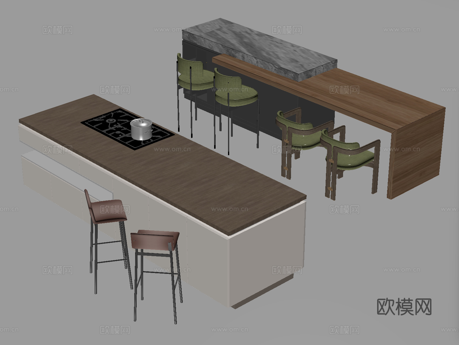现代中岛台 吧台 操作台 餐桌椅su模型