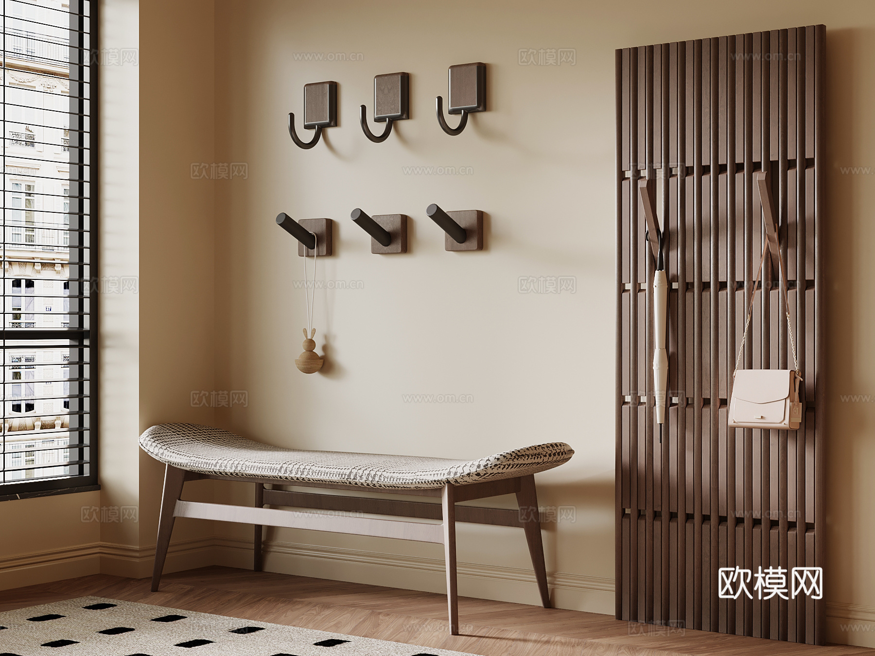 中古风换鞋凳 挂钩 洞洞板su模型
