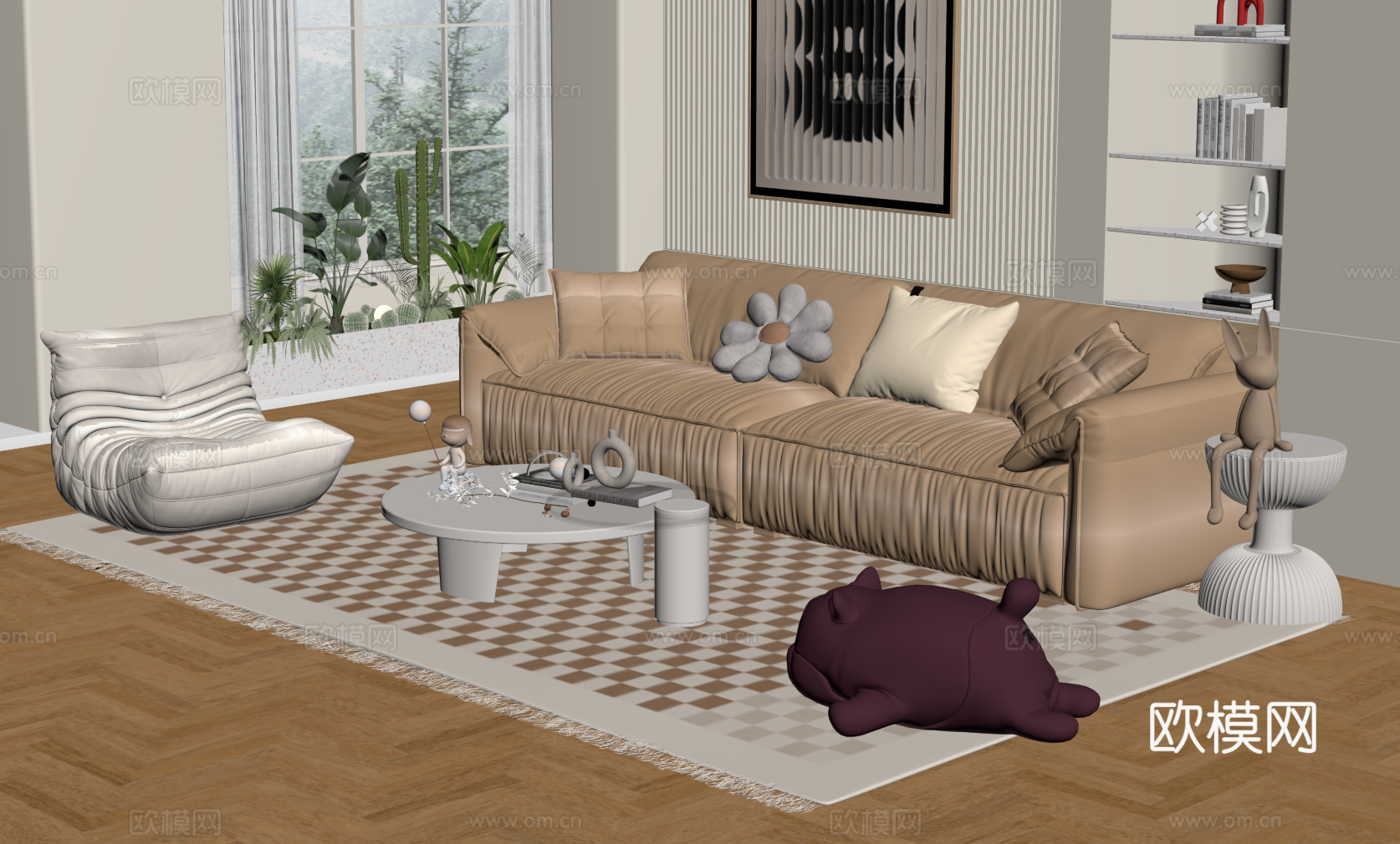 现代奶油风沙发茶几组合su模型