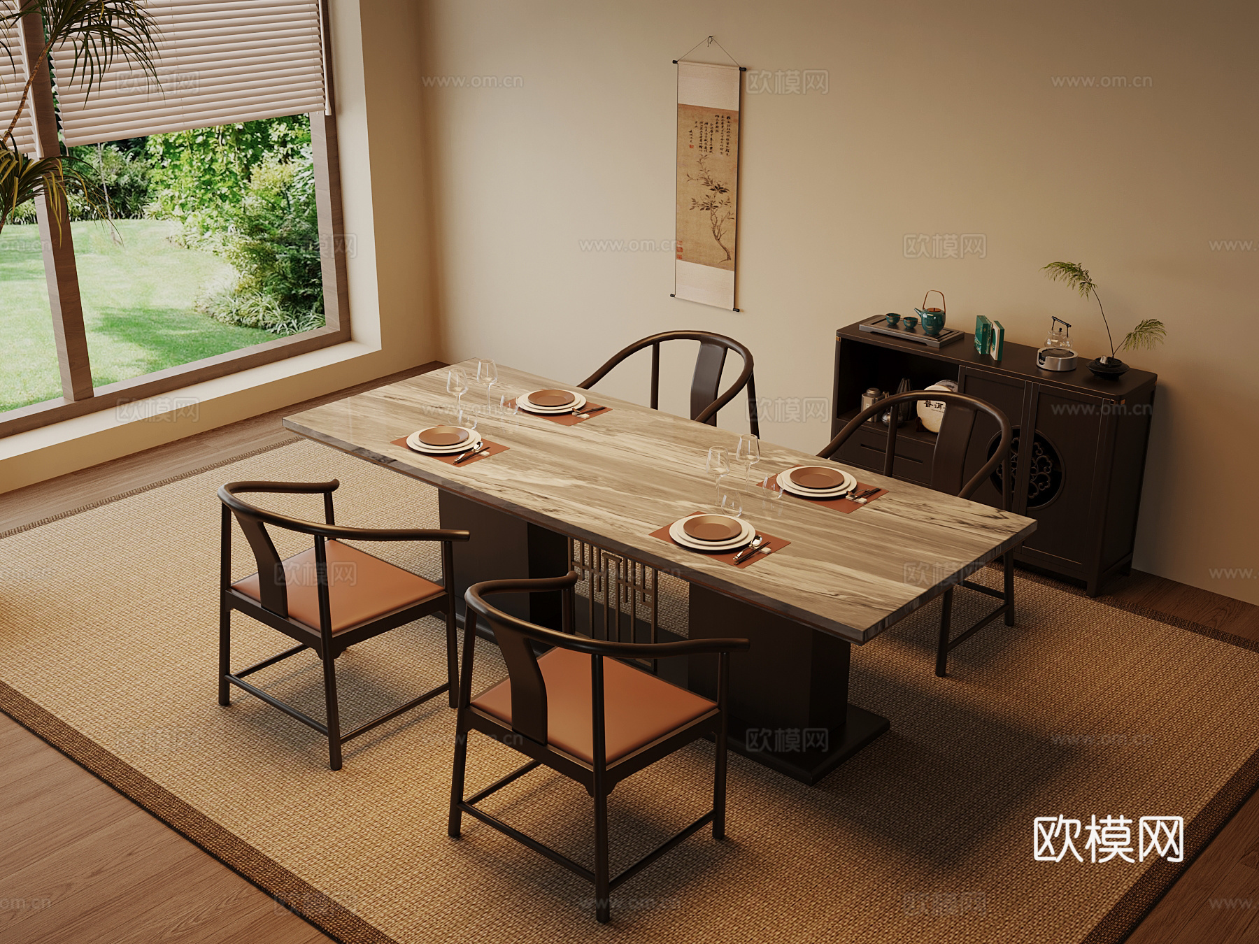 新中式餐桌椅su模型