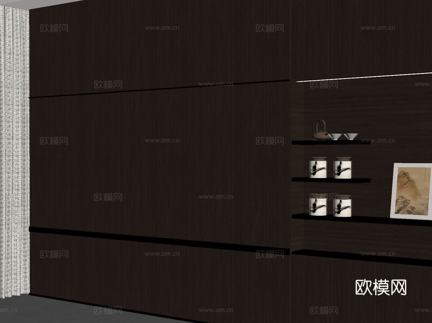 新中式置物架 背景墙su模型